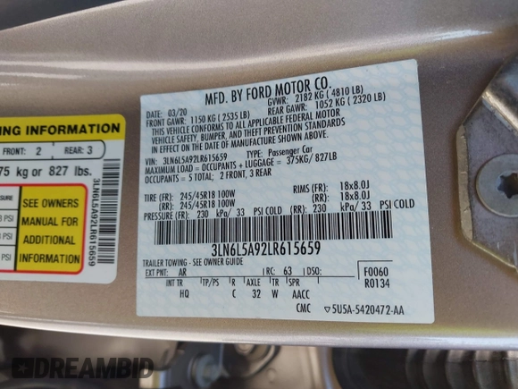 ✅ 2020 Lincoln MKZ Standard • VIN: 3LN6L5A92LR615659 • Lot: 41735307. Wystawiony na IAAI z przebiegiem 49 323 mil. Bezpłatny archiwum sprzedaży aukcyjnych z USA i szczegółowy raport historii pojazdu na DreamBid. Zdjęcie 9.
