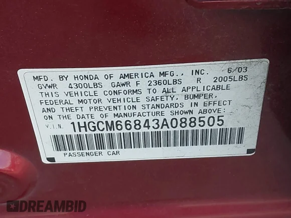✅ 2003 Honda Accord EX • VIN: 1HGCM66843A088505 • Lot: 44134002. Wystawiony na IAAI z przebiegiem 183 332 mil. Bezpłatny archiwum sprzedaży aukcyjnych z USA i szczegółowy raport historii pojazdu na DreamBid. Zdjęcie 9.