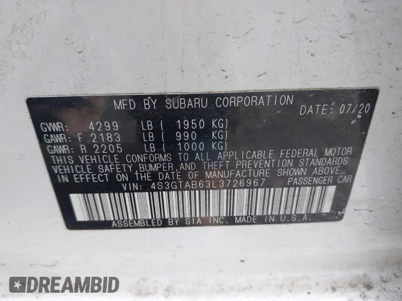 ✅ 2020 Subaru Impreza • VIN: 4S3GTAB63L3726967 • Lot: 43917204. Wystawiony na IAAI z przebiegiem 74 815 mil. Bezpłatny archiwum sprzedaży aukcyjnych z USA i szczegółowy raport historii pojazdu na DreamBid. Zdjęcie 9.