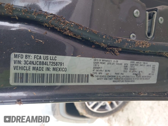 ✅ 2020 Jeep Compass Latitude • VIN: 3C4NJCBB4LT258791 • Lot: 42699336. Wystawiony na IAAI z przebiegiem 36 583 mil. Bezpłatny archiwum sprzedaży aukcyjnych z USA i szczegółowy raport historii pojazdu na DreamBid. Zdjęcie 9.