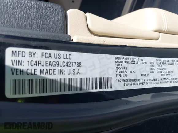 ✅ 2020 Jeep Grand Cherokee Altitude • VIN: 1C4RJEAG9LC427788 • Lot: 45364693. Listed on IAAI with 85,821 mi. Free auction sales archive from the USA and detailed vehicle history report at DreamBid. Image 9.
