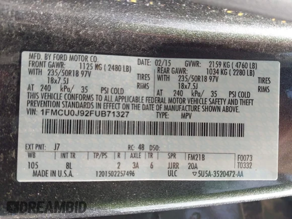 ✅ 2015 Ford Escape Titanium • VIN: 1FMCU0J92FUB71327 • Lot: 45203159. Listed on IAAI with 162,591 mi. Free auction sales archive from the USA and detailed vehicle history report at DreamBid. Image 9.