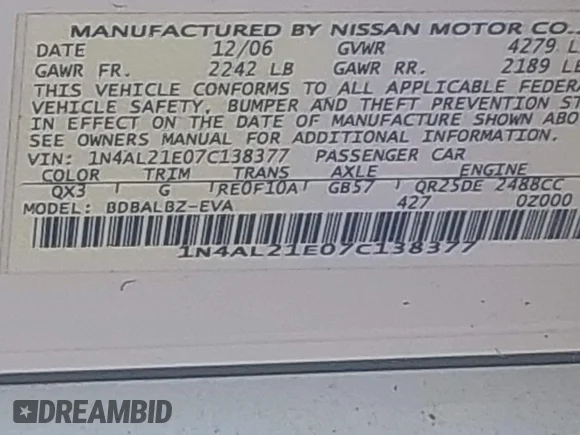 ✅ 2007 Nissan Altima S • VIN: 1N4AL21E07C138377 • Lot: 45177126. Wystawiony na IAAI z przebiegiem Nie podano. Bezpłatny archiwum sprzedaży aukcyjnych z USA i szczegółowy raport historii pojazdu na DreamBid. Zdjęcie 9.