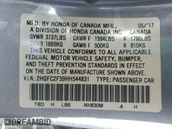 ✅ 2017 Honda Civic LX • VIN: 2HGFC2F59HH544831 • Лот: 50561746. Опубликован ранее на Copart с пробегом 108 046 миль. Бесплатный доступ к архиву аукционных продаж из США и подробный отчёт об истории автомобиля на DreamBid. Изображение 13.