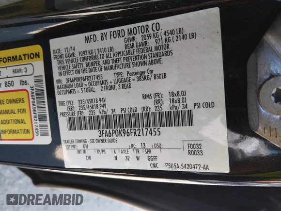 ✅ 2015 Ford Fusion Titanium • VIN: 3FA6P0K96FR217455 • Lot: 45185551. Listed on IAAI with 118,046 mi. Free auction sales archive from the USA and detailed vehicle history report at DreamBid. Image 9.