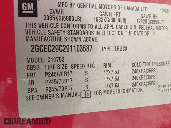 ✅ 2009 Chevrolet Silverado 1500 LT • VIN: 2GCEC29C291103587 • Lot: 43287322. Wystawiony na IAAI z przebiegiem 152 164 mil. Bezpłatny archiwum sprzedaży aukcyjnych z USA i szczegółowy raport historii pojazdu na DreamBid. Zdjęcie 9.