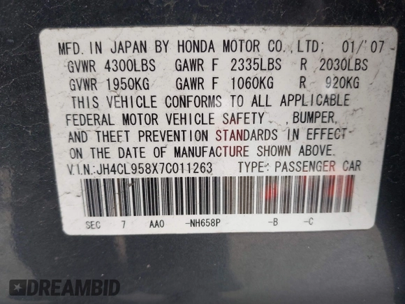 ✅ 2007 Acura TSX • VIN: JH4CL958X7C011263 • Lot: 41787754. Wystawiony na IAAI z przebiegiem 210 043 mil. Bezpłatny archiwum sprzedaży aukcyjnych z USA i szczegółowy raport historii pojazdu na DreamBid. Zdjęcie 9.
