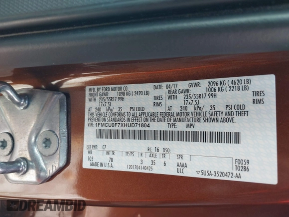 ✅ 2017 Ford Escape S • VIN: 1FMCU0F7XHUD71804 • Lot: 44475924. Wystawiony na IAAI z przebiegiem 91 654 mil. Bezpłatny archiwum sprzedaży aukcyjnych z USA i szczegółowy raport historii pojazdu na DreamBid. Zdjęcie 9.