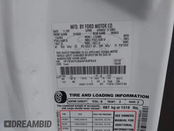 ✅ 2010 Ford F-150 XL • VIN: 1FTEW1C82AFA97633 • Lot: 44120392. Wystawiony na IAAI z przebiegiem 129 783 mil. Bezpłatny archiwum sprzedaży aukcyjnych z USA i szczegółowy raport historii pojazdu na DreamBid. Zdjęcie 9.
