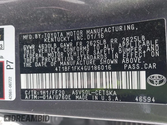 ✅ 2016 Toyota Camry SE • VIN: 4T1BF1FK4GU186016 • Lot: 43785543. Wystawiony na IAAI z przebiegiem 163 835 mil. Bezpłatny archiwum sprzedaży aukcyjnych z USA i szczegółowy raport historii pojazdu na DreamBid. Zdjęcie 9.
