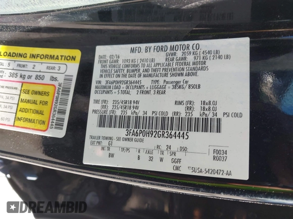 ✅ 2016 Ford Fusion SE • VIN: 3FA6P0H92GR364445 • Lot: 44782817. Wystawiony na IAAI z przebiegiem 204 518 mil. Bezpłatny archiwum sprzedaży aukcyjnych z USA i szczegółowy raport historii pojazdu na DreamBid. Zdjęcie 9.