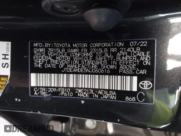 ✅ 2022 Toyota Corolla Hybrid LE • VIN: JTDEAMDE5NJ060616 • Lot: 43941163. Wystawiony na IAAI z przebiegiem 35 401 mil. Bezpłatny archiwum sprzedaży aukcyjnych z USA i szczegółowy raport historii pojazdu na DreamBid. Zdjęcie 9.