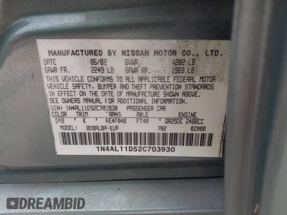 ✅ 2002 Nissan Altima S • VIN: 1N4AL11D52C703930 • Лот: 45336905. Опубликован ранее на IAAI с пробегом 142 241 миль. Бесплатный доступ к архиву аукционных продаж из США и подробный отчёт об истории автомобиля на DreamBid. Изображение 9.