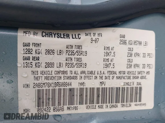 ✅ 2008 Chrysler Pacifica Limited • VIN: 2A8GM78X18R608844 • Lot: 41799356. Wystawiony na IAAI z przebiegiem 102 382 mil. Bezpłatny archiwum sprzedaży aukcyjnych z USA i szczegółowy raport historii pojazdu na DreamBid. Zdjęcie 9.