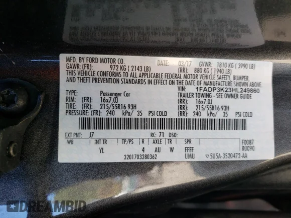 ✅ 2017 Ford Focus SE • VIN: 1FADP3K23HL249860 • Lot: 70781702. Listed on Copart with 63,244 mi. Free auction sales archive from the USA and detailed vehicle history report at DreamBid. Image 12.