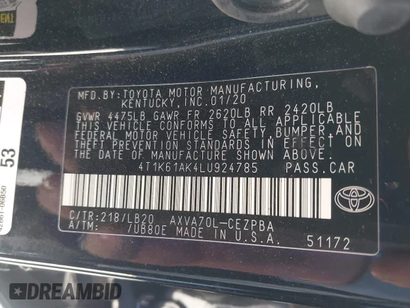 ✅ 2020 Toyota Camry XSE • VIN: 4T1K61AK4LU924785 • Lot: 45373845. Wystawiony na IAAI z przebiegiem 75 874 mil. Bezpłatny archiwum sprzedaży aukcyjnych z USA i szczegółowy raport historii pojazdu na DreamBid. Zdjęcie 9.