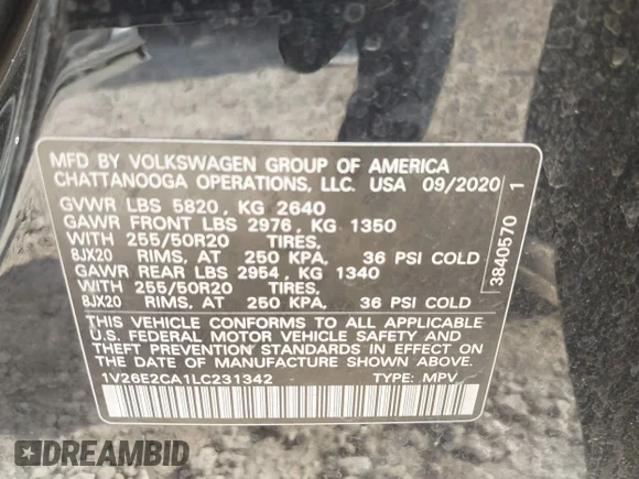 ✅ 2020 Volkswagen Atlas SE • VIN: 1V26E2CA1LC231342 • Lot: 44764460. Wystawiony na IAAI z przebiegiem 86 000 mil. Bezpłatny archiwum sprzedaży aukcyjnych z USA i szczegółowy raport historii pojazdu na DreamBid. Zdjęcie 9.