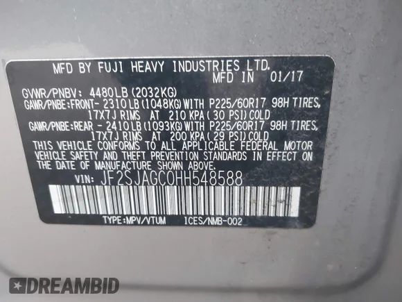✅ 2017 Subaru Forester Premium • VIN: JF2SJAGC0HH548588 • Lot: 44593916. Listed on IAAI with Not provided. Free auction sales archive from the USA and detailed vehicle history report at DreamBid. Image 9.