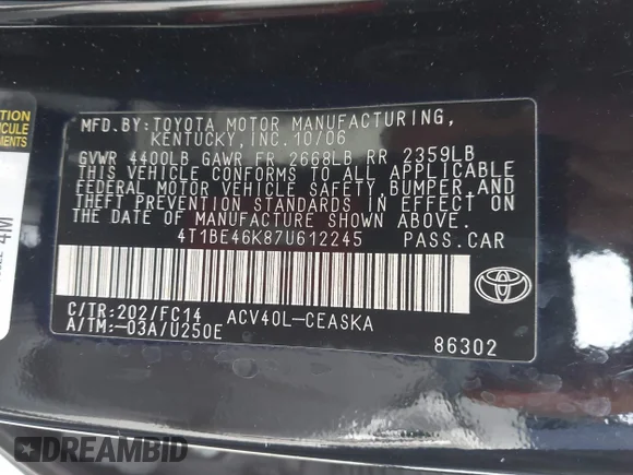 ✅ 2007 Toyota Camry LE • VIN: 4T1BE46K87U612245 • Lot: 44444267. Wystawiony na IAAI z przebiegiem 172 206 mil. Bezpłatny archiwum sprzedaży aukcyjnych z USA i szczegółowy raport historii pojazdu na DreamBid. Zdjęcie 9.