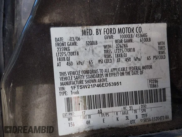 ✅ 2006 Ford F-250 XL • VIN: 1FTSW21P46ED53951 • Lot: 45070461. Wystawiony na IAAI z przebiegiem Nie podano. Bezpłatny archiwum sprzedaży aukcyjnych z USA i szczegółowy raport historii pojazdu na DreamBid. Zdjęcie 9.