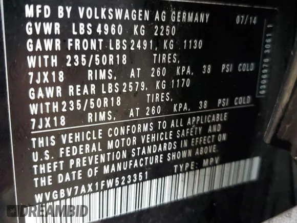 ✅ 2015 Volkswagen Tiguan SE • VIN: WVGBV7AX1FW523351 • Lot: 69395622. Wystawiony na Copart z przebiegiem 90 035 mil. Bezpłatny archiwum sprzedaży aukcyjnych z USA i szczegółowy raport historii pojazdu na DreamBid. Zdjęcie 13.