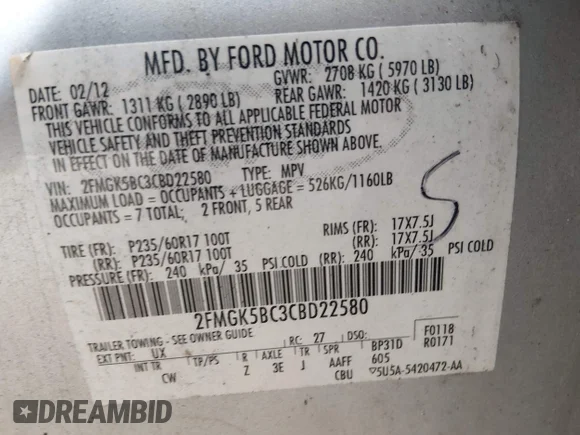 ✅ 2012 Ford Flex SE • VIN: 2FMGK5BC3CBD22580 • Лот: 44492612. Опубліковано раніше на IAAI з пробігом 135 058 миль. Безкоштовний доступ до архіву аукціонних продажів зі США та докладний звіт про історію автомобіля на DreamBid. Зображення 9.
