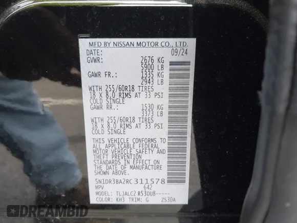 ✅ 2024 Nissan Pathfinder SV • VIN: 5N1DR3BA2RC311578 • Lot: 45260081. Listed on IAAI with 36,411 mi. Free auction sales archive from the USA and detailed vehicle history report at DreamBid. Image 9.