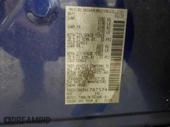 ✅ 2019 Nissan Rogue S • VIN: 5N1AT2MT1KC767574 • Lot: 69924572. Wystawiony na Copart z przebiegiem 36 039 mil. Bezpłatny archiwum sprzedaży aukcyjnych z USA i szczegółowy raport historii pojazdu na DreamBid. Zdjęcie 15.