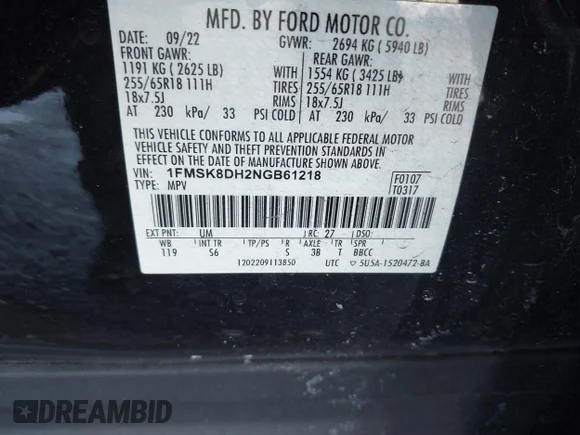 ✅ 2022 Ford Explorer XLT • VIN: 1FMSK8DH2NGB61218 • Lot: 43946058. Wystawiony na IAAI z przebiegiem 87 857 mil. Bezpłatny archiwum sprzedaży aukcyjnych z USA i szczegółowy raport historii pojazdu na DreamBid. Zdjęcie 9.