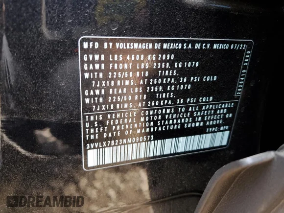 ✅ 2022 Volkswagen Taos SE • VIN: 3VVLX7B23NM090573 • Лот: 43886073. Опубліковано раніше на Copart з пробігом 930 миль. Безкоштовний доступ до архіву аукціонних продажів зі США та докладний звіт про історію автомобіля на DreamBid. Зображення 12.