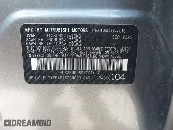 ✅ 2023 Mitsubishi Mirage ES • VIN: ML32FUFJ5PHF01417 • Lot: 43497033. Wystawiony na IAAI z przebiegiem 30 532 mil. Bezpłatny archiwum sprzedaży aukcyjnych z USA i szczegółowy raport historii pojazdu na DreamBid. Zdjęcie 9.