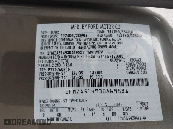 ✅ 2003 Ford Windstar LX • VIN: 2FMZA51493BA69531 • Лот: 43742751. Опубліковано раніше на IAAI з пробігом 165 638 миль. Безкоштовний доступ до архіву аукціонних продажів зі США та докладний звіт про історію автомобіля на DreamBid. Зображення 9.