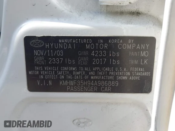 ✅ 2004 Hyundai Sonata GLS • VIN: KMHWF35H94A986889 • Lot: 45304202. Wystawiony na IAAI z przebiegiem 131 126 mil. Bezpłatny archiwum sprzedaży aukcyjnych z USA i szczegółowy raport historii pojazdu na DreamBid. Zdjęcie 9.