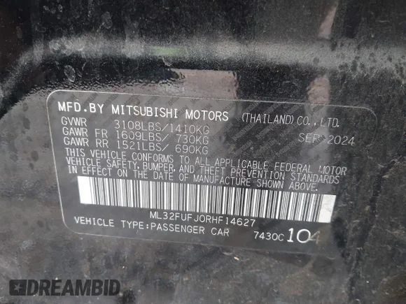 ✅ 2024 Mitsubishi Mirage ES • VIN: ML32FUFJ0RHF14627 • Lot: 45083913. Listed on IAAI with 15,788 mi. Free auction sales archive from the USA and detailed vehicle history report at DreamBid. Image 9.