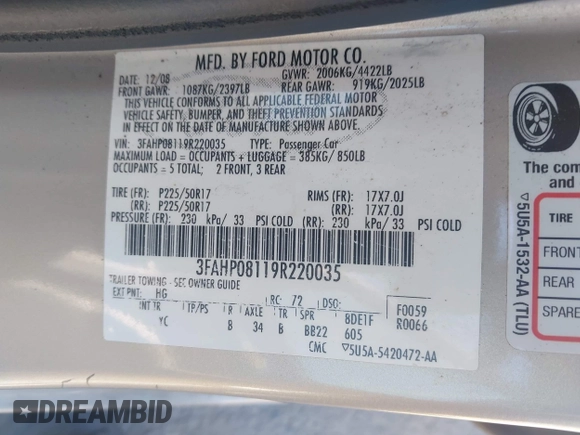 ✅ 2009 Ford Fusion SEL • VIN: 3FAHP08119R220035 • Lot: 44863685. Wystawiony na IAAI z przebiegiem 106 992 mil. Bezpłatny archiwum sprzedaży aukcyjnych z USA i szczegółowy raport historii pojazdu na DreamBid. Zdjęcie 9.