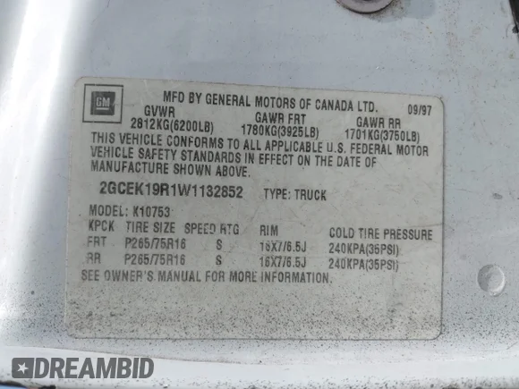 ✅ 1998 Chevrolet Silverado 1500 • VIN: 2GCEK19R1W1132852 • Lot: 44954503. Wystawiony na IAAI z przebiegiem 397 498 mil. Bezpłatny archiwum sprzedaży aukcyjnych z USA i szczegółowy raport historii pojazdu na DreamBid. Zdjęcie 9.