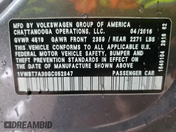 ✅ 2016 Volkswagen Passat SE • VIN: 1VWBT7A30GC052347 • Lot: 44711233. Wystawiony na Copart z przebiegiem 81 552 mil. Bezpłatny archiwum sprzedaży aukcyjnych z USA i szczegółowy raport historii pojazdu na DreamBid. Zdjęcie 12.