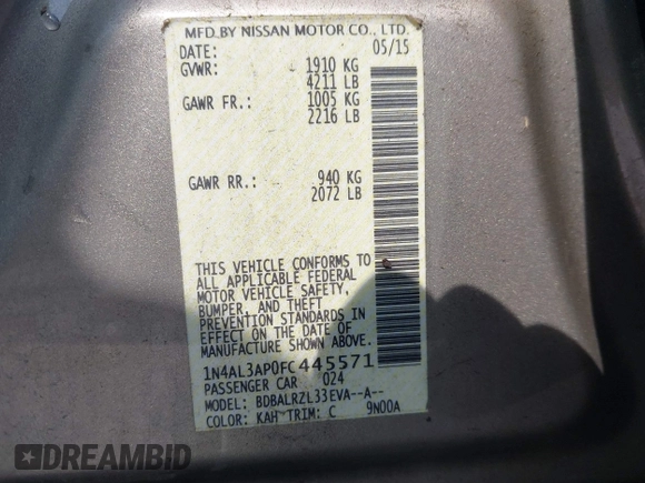 ✅ 2015 Nissan Altima S • VIN: 1N4AL3AP0FC445571 • Lot: 44712501. Wystawiony na IAAI z przebiegiem 88 839 mil. Bezpłatny archiwum sprzedaży aukcyjnych z USA i szczegółowy raport historii pojazdu na DreamBid. Zdjęcie 9.