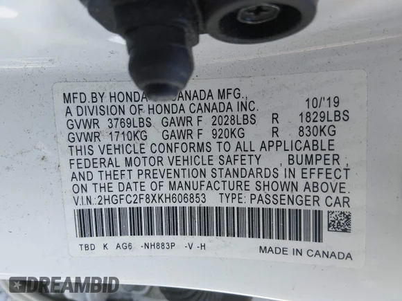 ✅ 2019 Honda Civic Sport • VIN: 2HGFC2F8XKH606853 • Лот: 45093381. Опубліковано раніше на IAAI з пробігом 156 495 миль. Безкоштовний доступ до архіву аукціонних продажів зі США та докладний звіт про історію автомобіля на DreamBid. Зображення 9.