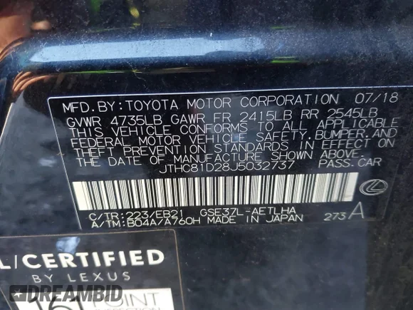✅ 2018 Lexus IS 300 • VIN: JTHC81D28J5032737 • Лот: 41296578. Опубликован ранее на IAAI с пробегом 84 307 миль. Бесплатный доступ к архиву аукционных продаж из США и подробный отчёт об истории автомобиля на DreamBid. Изображение 9.