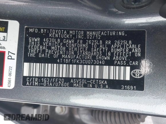 ✅ 2012 Toyota Camry LE • VIN: 4T1BF1FK3CU073040 • Lot: 44220605. Wystawiony na IAAI z przebiegiem 259 001 mil. Bezpłatny archiwum sprzedaży aukcyjnych z USA i szczegółowy raport historii pojazdu na DreamBid. Zdjęcie 9.