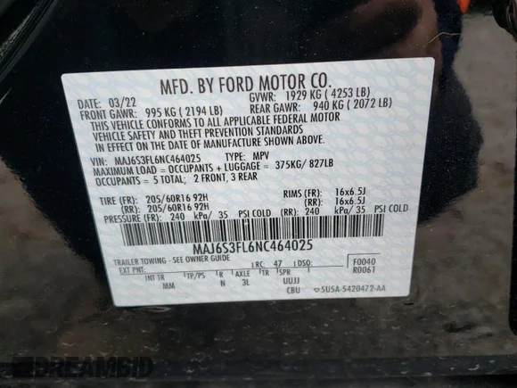 ✅ 2022 Ford EcoSport S • VIN: MAJ6S3FL6NC464025 • Lot: 39895023. Wystawiony na Copart z przebiegiem 2 178 mil. Bezpłatny archiwum sprzedaży aukcyjnych z USA i szczegółowy raport historii pojazdu na DreamBid. Zdjęcie 13.