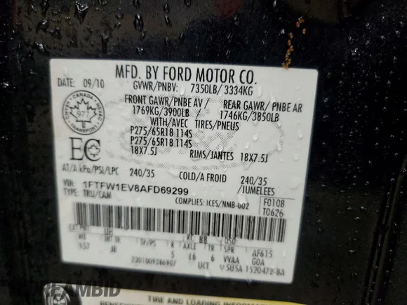 ✅ 2010 Ford F-150 XL • VIN: 1FTFW1EV8AFD69299 • Lot: 51303676. Wystawiony na Copart z przebiegiem 130 990 mil. Bezpłatny archiwum sprzedaży aukcyjnych z USA i szczegółowy raport historii pojazdu na DreamBid. Zdjęcie 12.