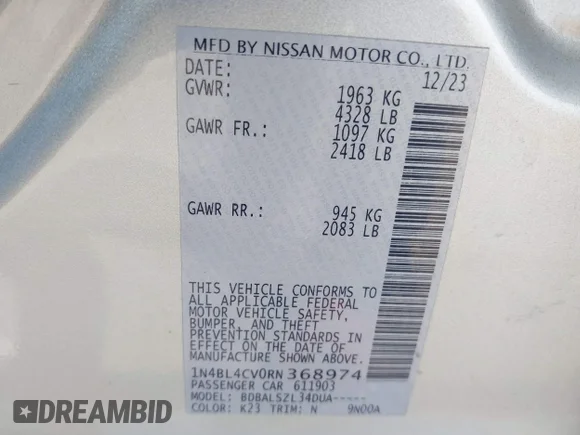 ✅ 2024 Nissan Altima SR • VIN: 1N4BL4CV0RN368974 • Lot: 44875579. Wystawiony na IAAI z przebiegiem 50 910 mil. Bezpłatny archiwum sprzedaży aukcyjnych z USA i szczegółowy raport historii pojazdu na DreamBid. Zdjęcie 9.