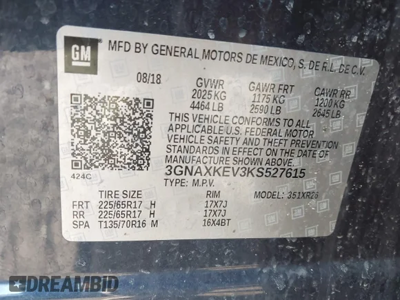 ✅ 2019 Chevrolet Equinox LT • VIN: 3GNAXKEV3KS527615 • Lot: 44107829. Wystawiony na IAAI z przebiegiem 88 630 mil. Bezpłatny archiwum sprzedaży aukcyjnych z USA i szczegółowy raport historii pojazdu na DreamBid. Zdjęcie 9.