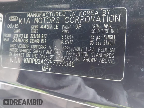 ✅ 2015 Kia Sportage LX • VIN: KNDPB3AC7F7772546 • Lot: 43860296. Listed on IAAI with 149,512 mi. Free auction sales archive from the USA and detailed vehicle history report at DreamBid. Image 9.