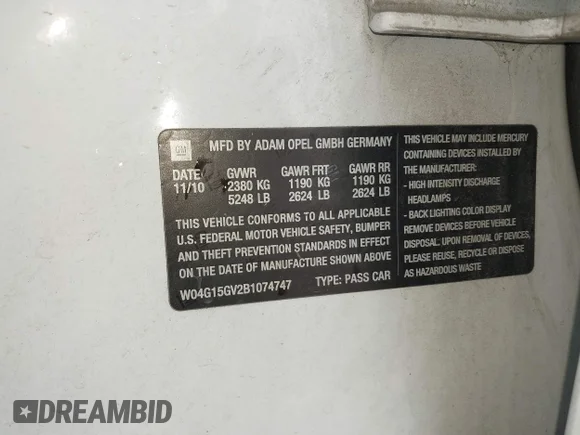 ✅ 2011 Buick Regal CXL Turbo TO7 • VIN: W04G15GV2B1074747 • Lot: 43293373. Listed on IAAI with 241,691 mi. Free auction sales archive from the USA and detailed vehicle history report at DreamBid. Image 9.