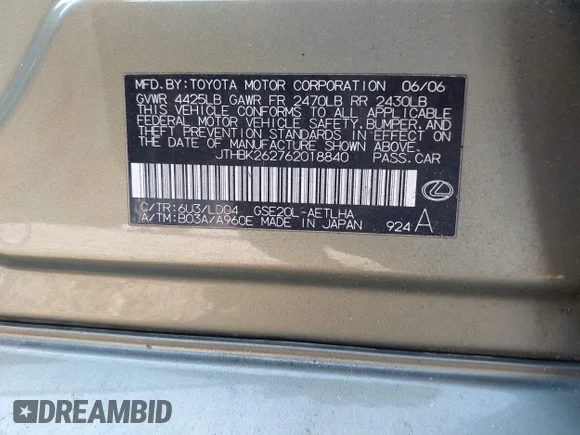 ✅ 2006 Lexus IS 250 • VIN: JTHBK262762018840 • Lot: 43314320. Listed on IAAI with Not provided. Free auction sales archive from the USA and detailed vehicle history report at DreamBid. Image 9.