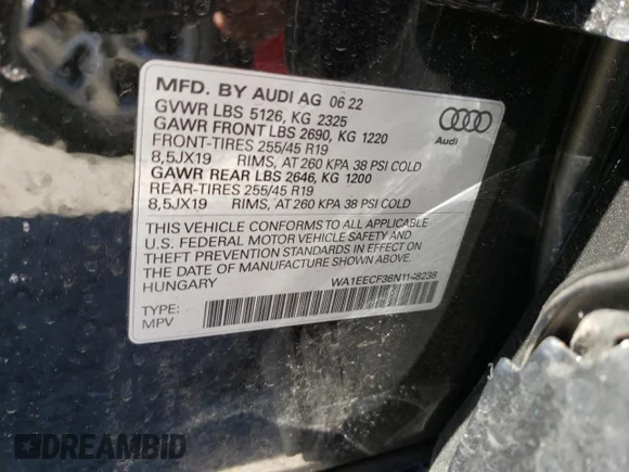 ✅ 2022 Audi Q3 S line Premium Plus • VIN: WA1EECF36N1148238 • Лот: 46962973. Опубліковано раніше на Copart з пробігом 2 656 миль. Безкоштовний доступ до архіву аукціонних продажів зі США та докладний звіт про історію автомобіля на DreamBid. Зображення 12.