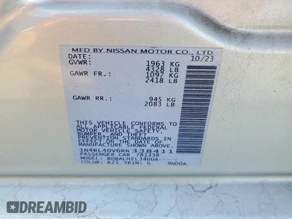 ✅ 2024 Nissan Altima SV • VIN: 1N4BL4DV6RN338411 • Lot: 78127235. Wystawiony na Copart z przebiegiem 59 722 mil. Bezpłatny archiwum sprzedaży aukcyjnych z USA i szczegółowy raport historii pojazdu na DreamBid. Zdjęcie 12.